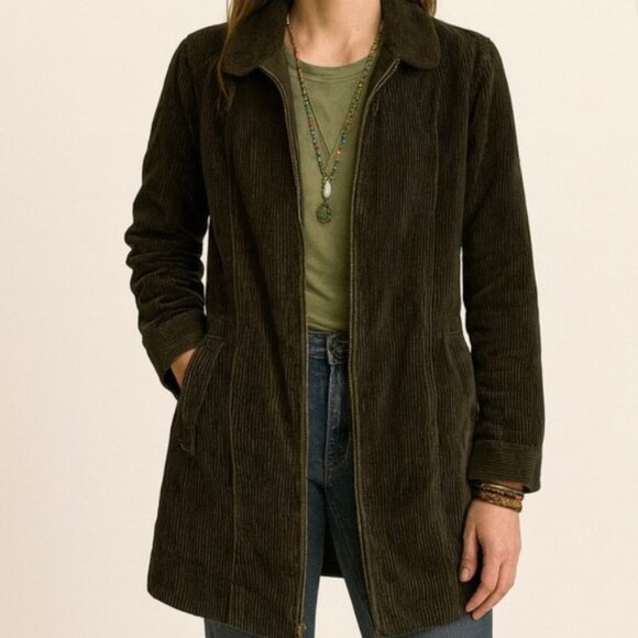 J.Jill Green Heritage Olive Green Corduroy Zip Down Sherpa Collar Jacket  Sz L - Picture 1 of 13
